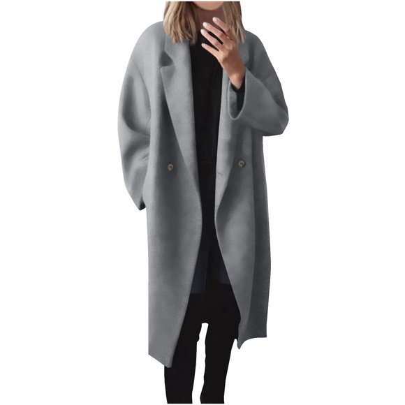 WRKEKC Women's Wool Blend Trench Coat Long Lapel Collar Double Breasted Windproof Style with Pockets Elegant Winter Outerwear for Women Gray S