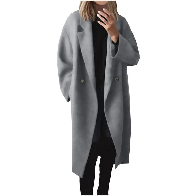 Swstbby Fall Savings Clearance! Womens Fall Jackets, Women's Fashionable Solid Color Lapel Breasted Woolen Long Windbreaker Coat with Pockets Gray XL