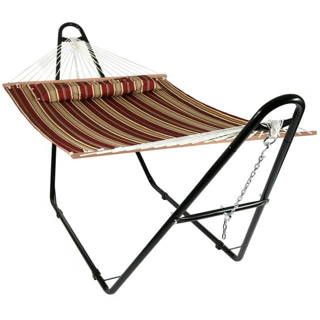 Sunnydaze Double Quilted Fabric Hammock with Universal Steel Stand - 450-Pound Capacity - Red Stripes