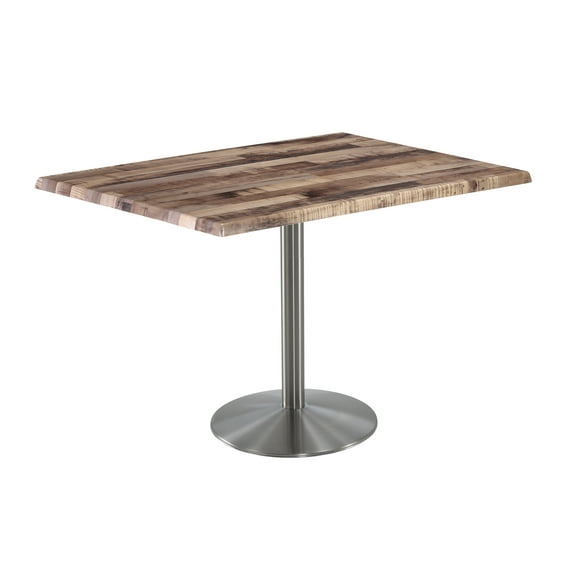 Holland 36" Stainless Round Base Rectangle Table in 48" Rustic Top