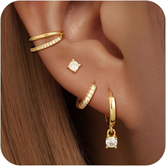 DESIGNICE 4 Pairs Gold Hoop Plated Earrings Set for Women-Huggie Dangle Stack-Multiple Piercing Stud Cz Ear Cuff-Jewelry