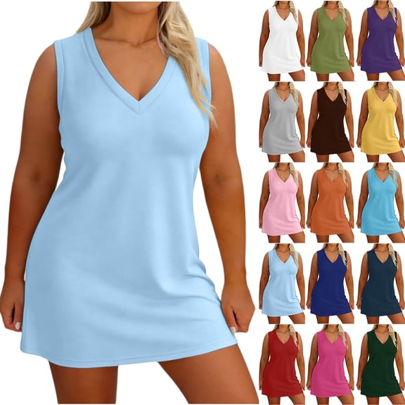 Horkkom Mini Dresses for Women Plus Size V Neck Sleeveless Dress Summer Beach Vacation Tank Sundresses XXXXXL