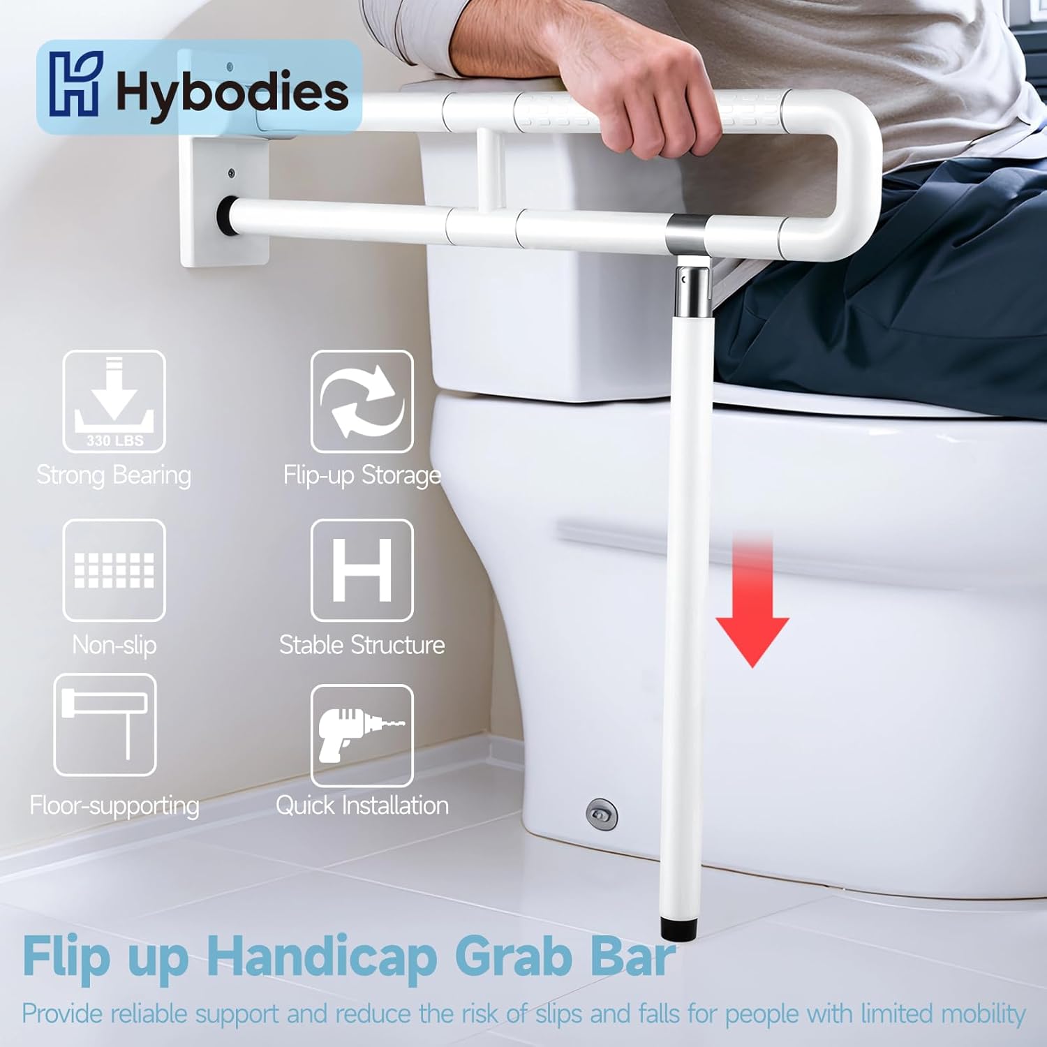 Flip Up Handicap Grab Bar, Wall Mounted Folding Toilet Safety Rail with Floor Support, Non-slip Toilet Handle for Bathroom, Assist Bar Handrails for Elderly Disabled Senior Pregnant