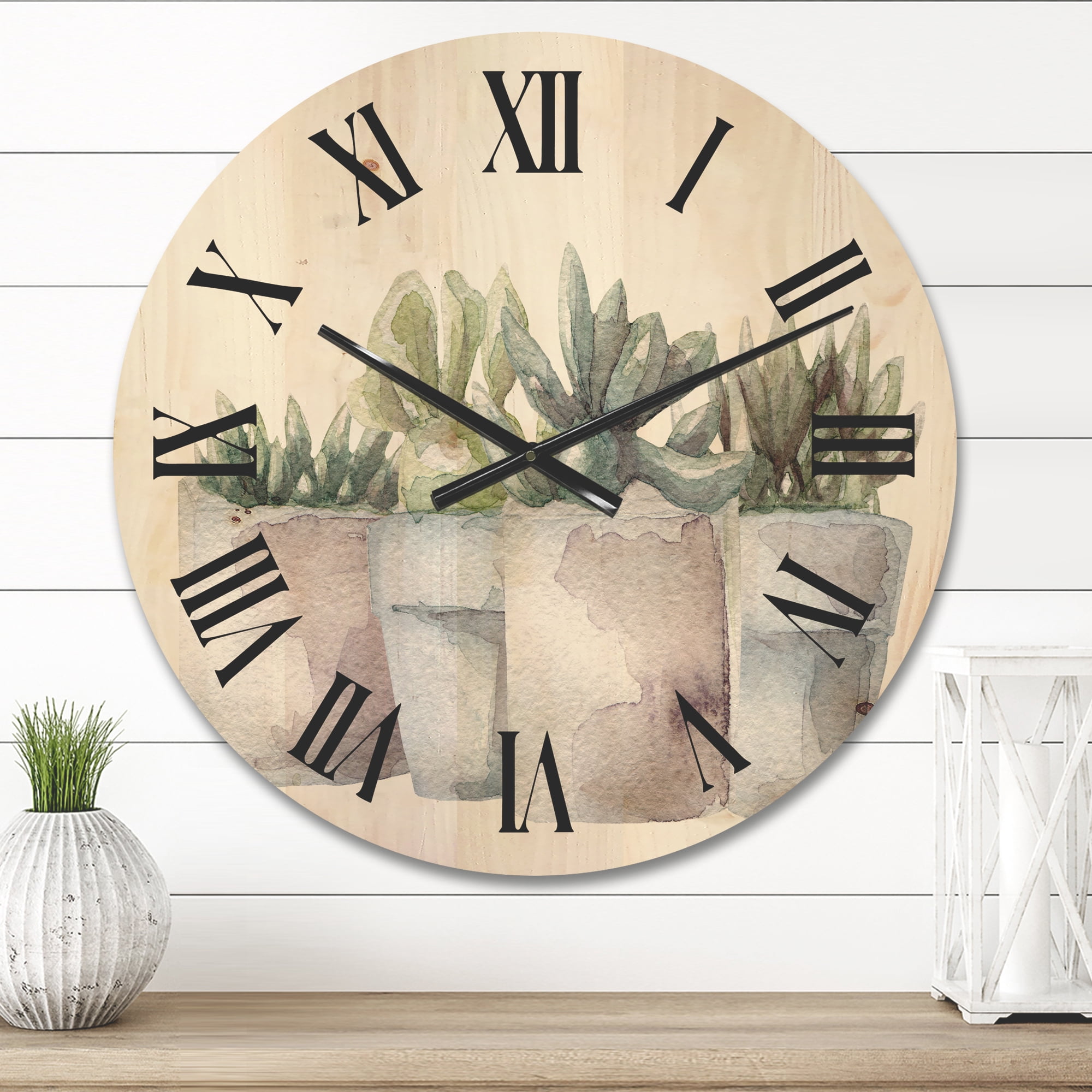 Designart 'Succulent and Cactus House Plants III' Farmhouse Wood Wall Clock