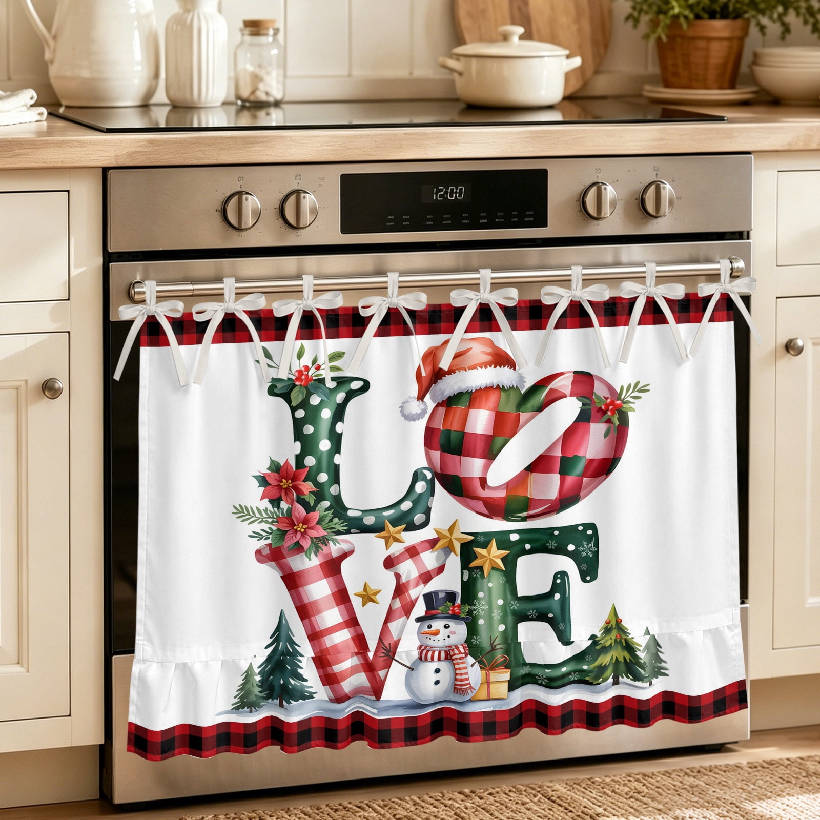 Oven Curtain for Kitchen Love Words Red Flowers Plaid Stove Curtain With Ruffled Trim Dishwasher Curtains Xmas Snowman Gold Star Oven Skirt 27 x20