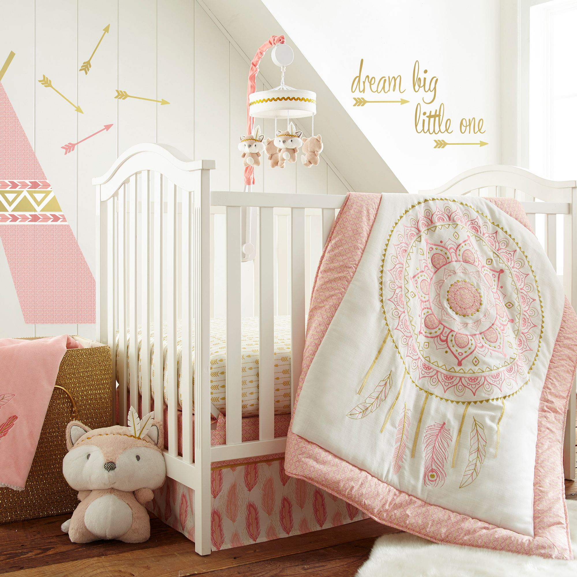 Levtex Baby - Little Feather Pink Crib Fitted Sheet - Fits Standard Crib and Toddler Mattress - Gold Medallion with Coral Pink Accents - Pink Coral Cream Gold - Nursery Accessories - 100% Cotton