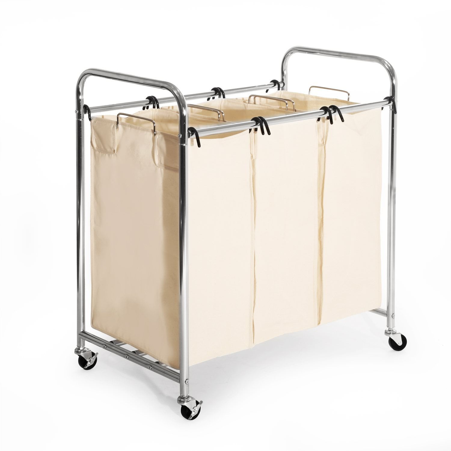 33"L 3-bag  Rolling Laundry Hamper Sorter Cart Clothes Organizer w/ Hanging Bar