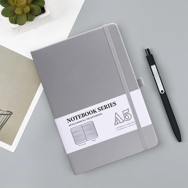 Hardcover Lay Flat Notebook with 200 Pages of College Ruled 80g Thick Paper, Expandable Inner Pockets, Bookmark and Stickers for School, Office and Journaling