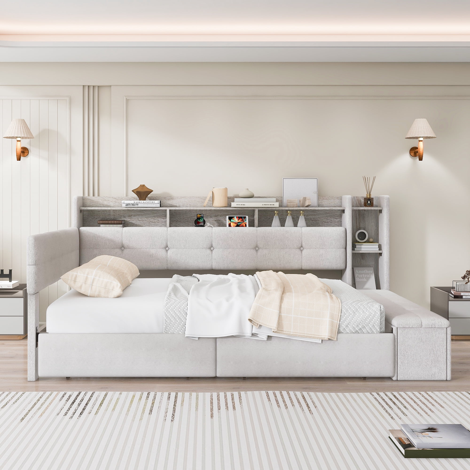 Euroco Upholstery Twin Size Daybed with Drawers, Storage Sofa Bed with Footstool and Shelves, LED Light and USB Charging, Beige