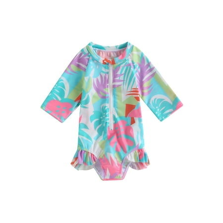 

Toddler Baby Girl Swimsuit Onepiece Print Long Sleeve Bathing Suit Rash Guard Shirt Sunsuit Summer Zipper Swimwear