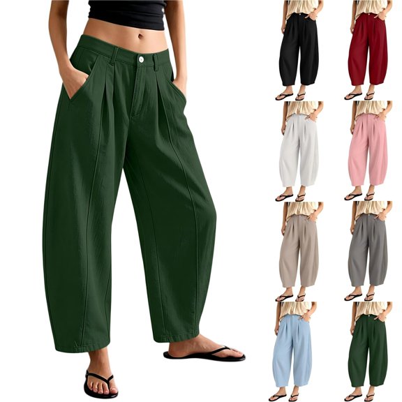 Tqcoqu Women's Cotton Linen Pleated Pants,Button High Waist Loose Cropped Balloon Casual Trousers With Pockets For Spring Summer,Army Green Women's S-XXL
