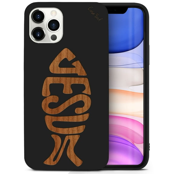Case Yard Wooden Case for iPhone-12-Pro-Max Soft TPU Silicone cover Slim Fit Shockproof Wood Protective Phone Cover for Girls Boys Men and Women Supports Wireless Charging Jesus Fish Design