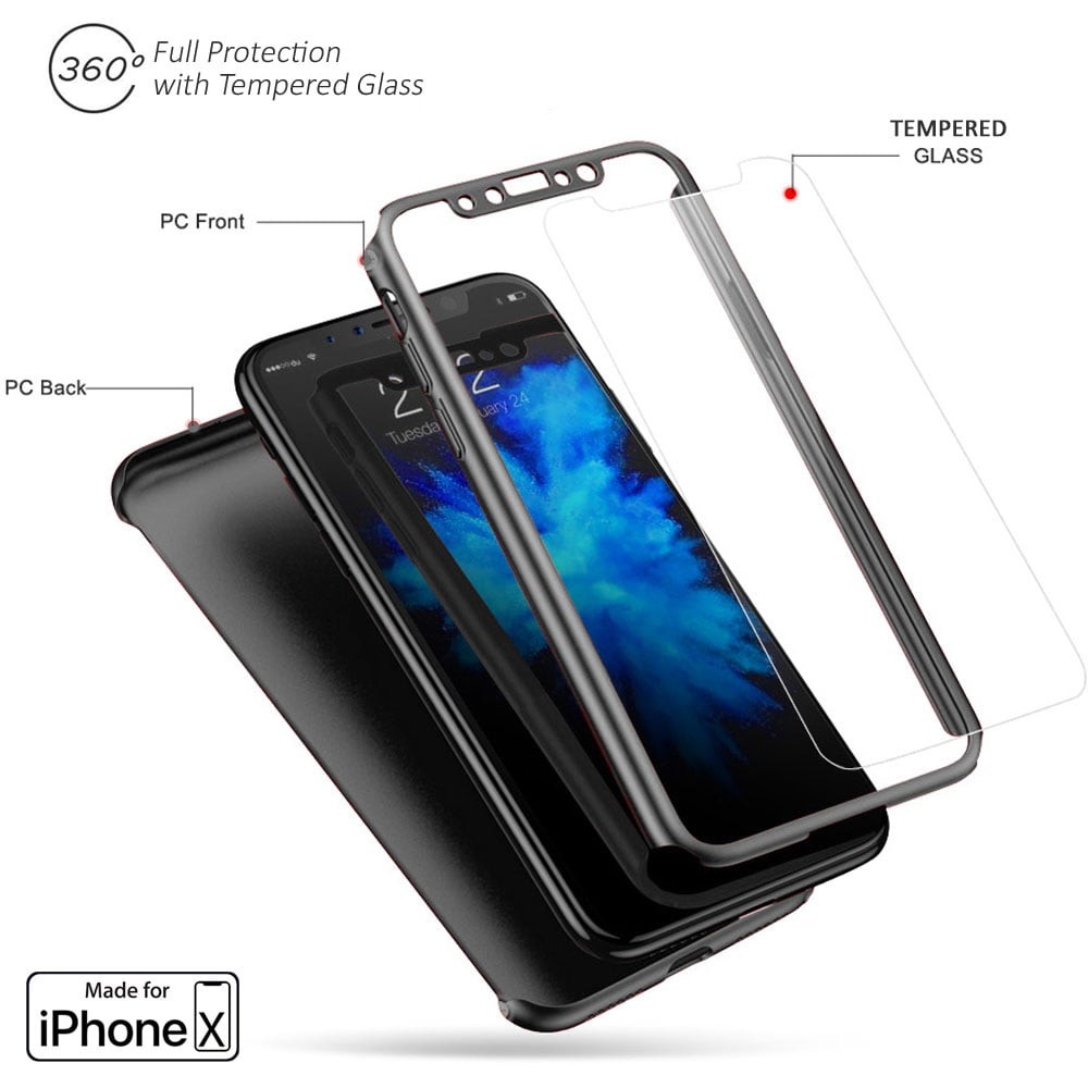 Indigi iPhone X 360° Full Body Protective Case Ultra-thin Cover + Tempered Glass -Black