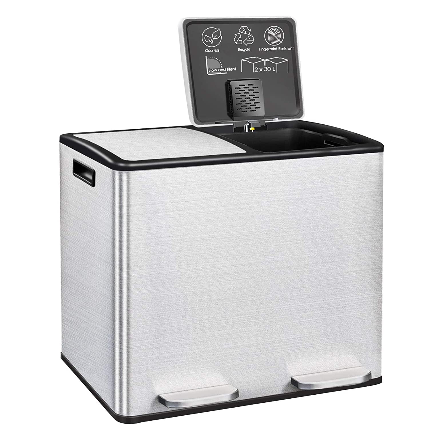 BOLUO Kitchen Step Trash Can and Recycle Bin Combo Dual Garbage and Recycling Double Compartment Large Stainless Steel 16 Gallon (2 X 8 Gal)