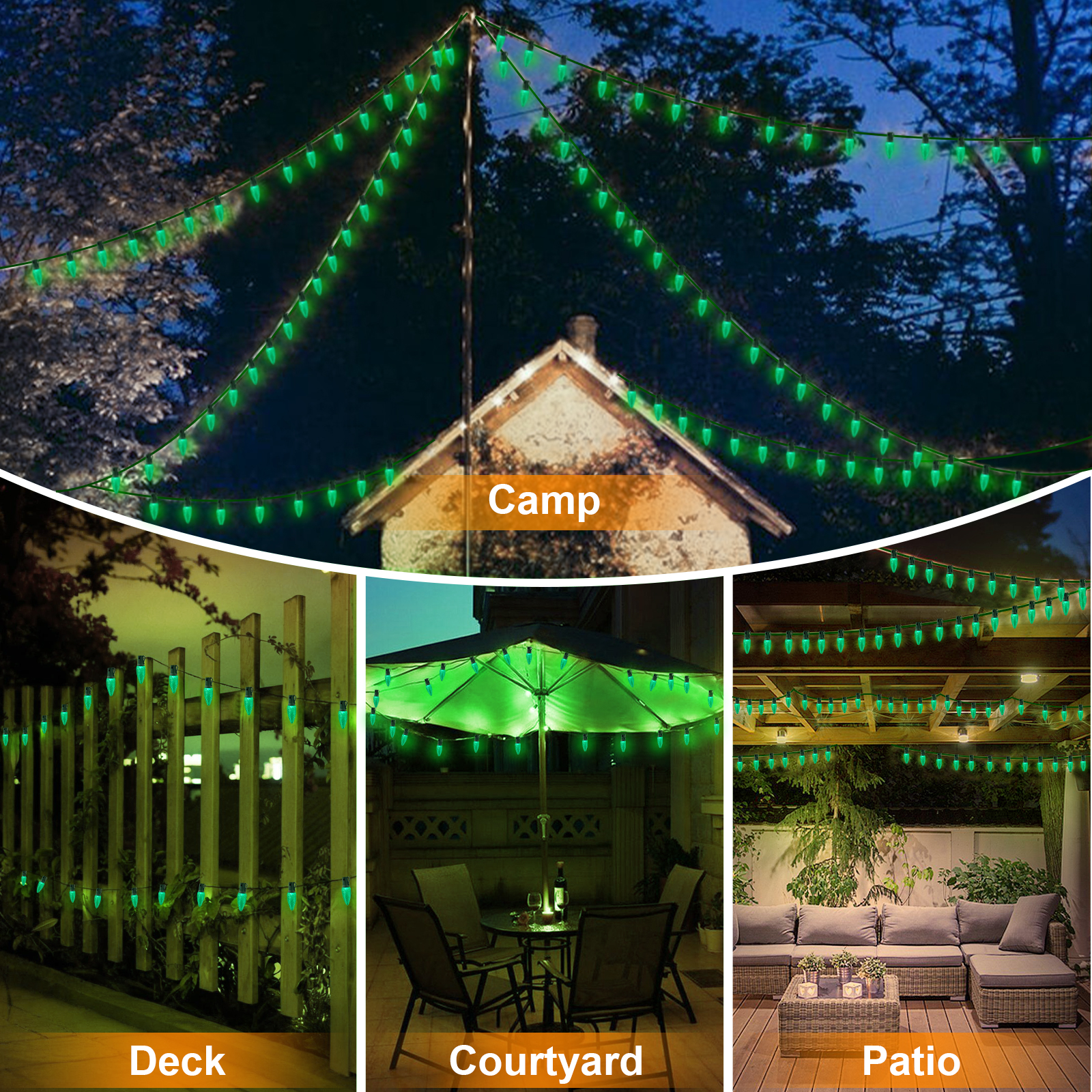 LAMPHOME Green C9 Christmas String Light Outdoor, 25FT Shatterproof LED for House Rooflines & Pathways, Connectable Waterproof Vintage Christmas Light for Tree, Yard, Patio, Porch, Garden