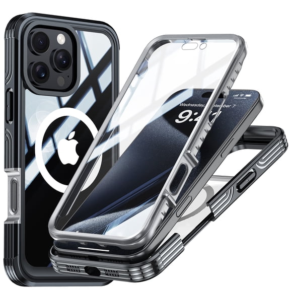 For iPhone 16 Pro Max Case Compatible with MagSafe, Full Body Rugged Shockproof with Built-in Screen Protector, 360 Degree Military Grade Drop Protection Clear Back Magnetic Cover, Black