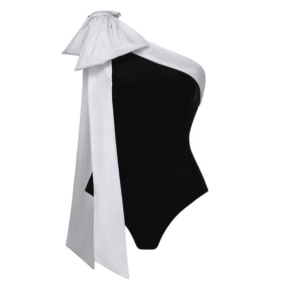 FLAXMAKER One Shoulder Black and White Big Bow Tie Color Block One Piece Swimsuit and Skirt