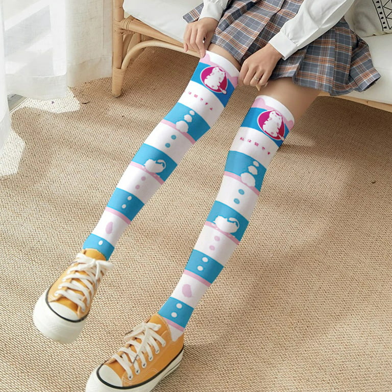 GENEMA Japanese Anime Lolita Thigh High Stockings Women Girls Sweet Kawaii  Cartoon Rabbit Cat Geometry Striped Print Cosplay Over Knee Long Socks