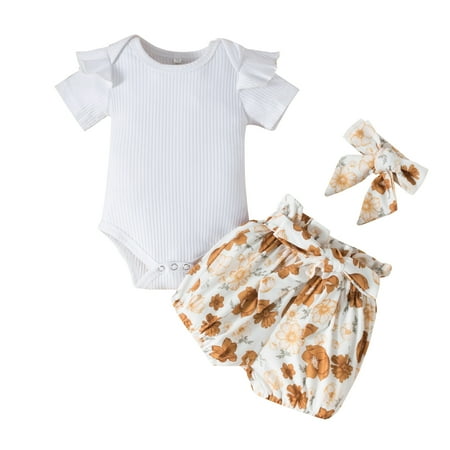 

Dooleck Baby Girl Clothes Infant Outfit Ruffle Ribbed Bodysuit Floral Shorts Set