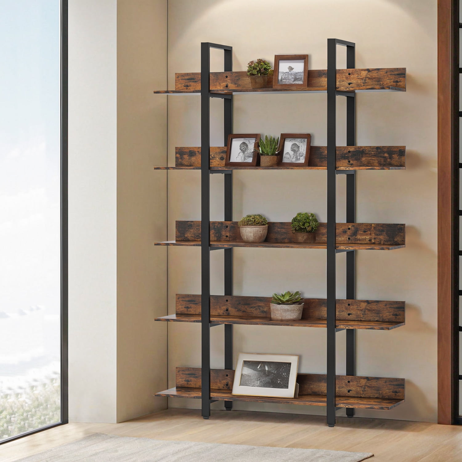GVN 5 Tier Industrial Bookcase, Vintage Storage Rack with Open Shelves, Rustic Standing Bookshelves Metal Frame Display Rack for Living Room, Bedroom, Rustic Brown GVN 5 Tier Industrial Bookcase, Vintage Storage Rack with Open Shelves, Rustic Standing Bookshelves Metal Frame Display Rack for Living Room, Bedroom, Rustic Brown