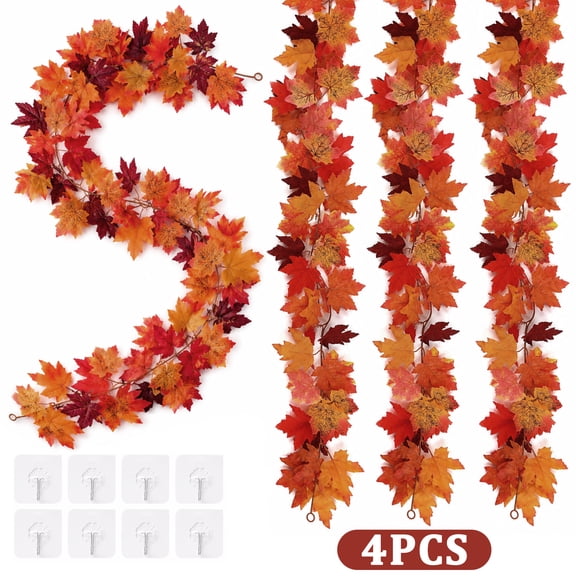 Wavraging 4 Pack Fall Leaf Garland, 5.9Ft/Piece Hanging Fall Mantle Garland, Artificial Autumn Garland Fall Maple Leaves Thanksgiving Decor for Home Wedding Fireplace Party