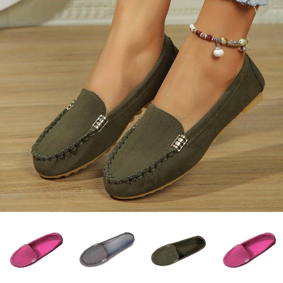 Women Shoes Women's Suede Slip On Loafers Spring Summer Round Toe Ballet Flats for Women Wide Width Large Sizes Solid Color Metal Bar Decor Non Slip Cushioned Insole Comfort Walking Womens Casual