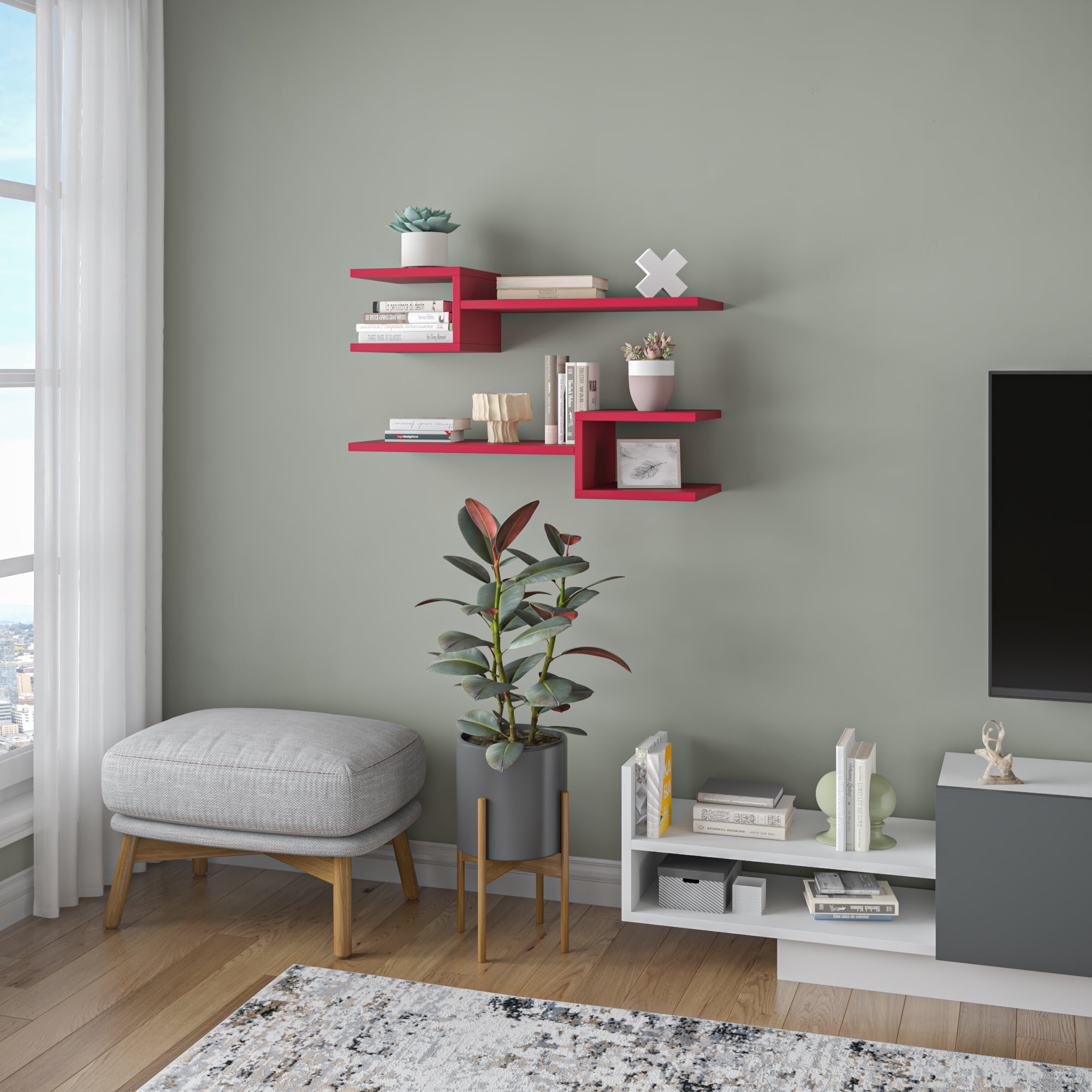 Ada Home Decor Furniture 29.53" 2 Tier Burgundy Webbs Modern Wall Shelf