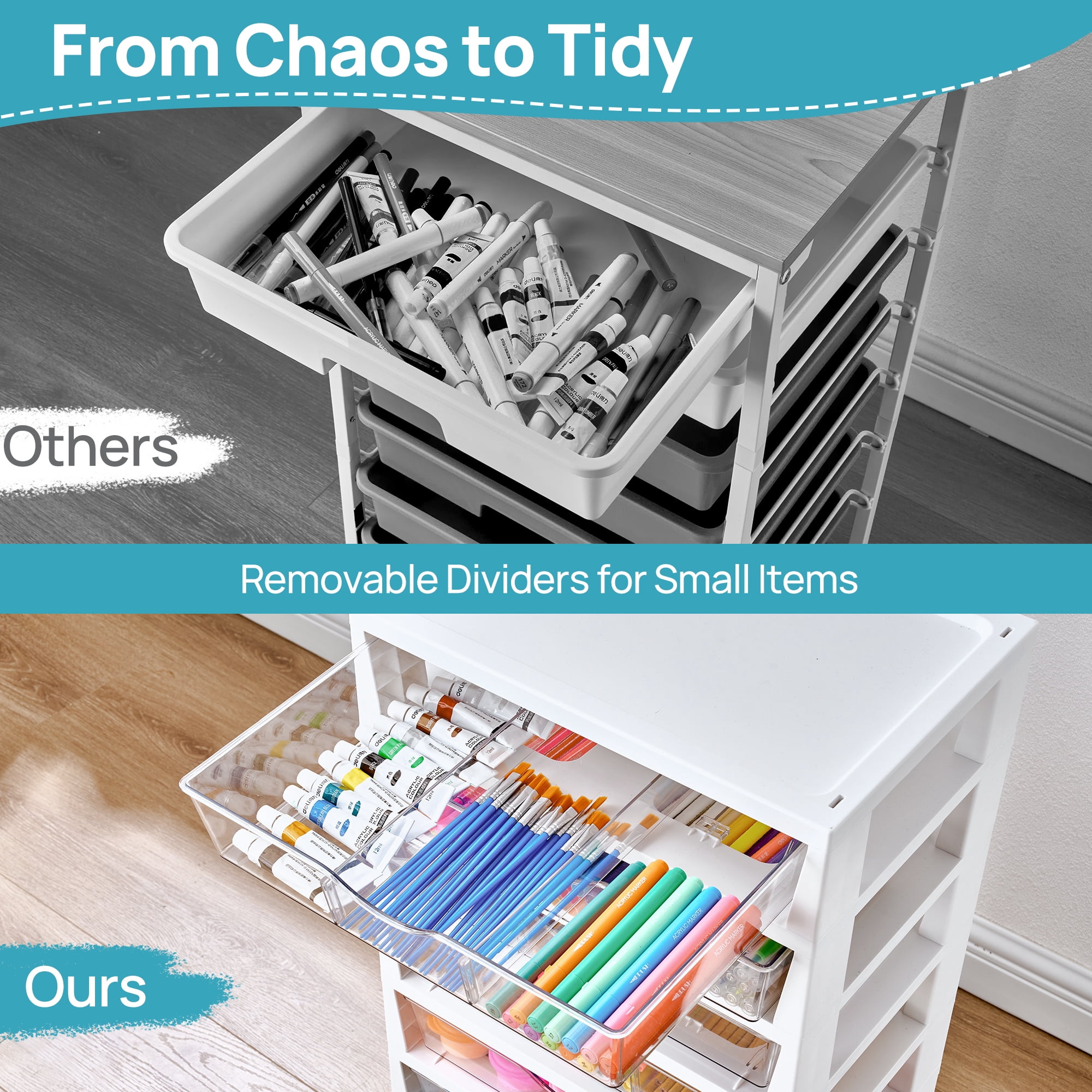 Sindcom Storage Rolling Drawer Cart, Clear Plastic Organizer with 7 Drawers and 7 Removable Dividers for Art &Office Supplies, Beauty Products, Toy, Under Desk Storage for Craft Room, Classroom