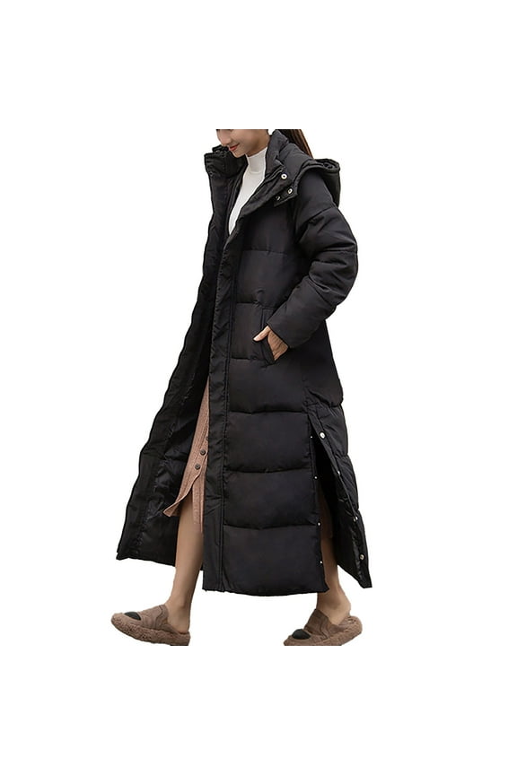 Womens Winter Coats Clearance Women's Thickened and Warm Extra Long Knee Length Hooded Cotton Fleece Jacket Womenfor Womens Long Sleeve Tops Black