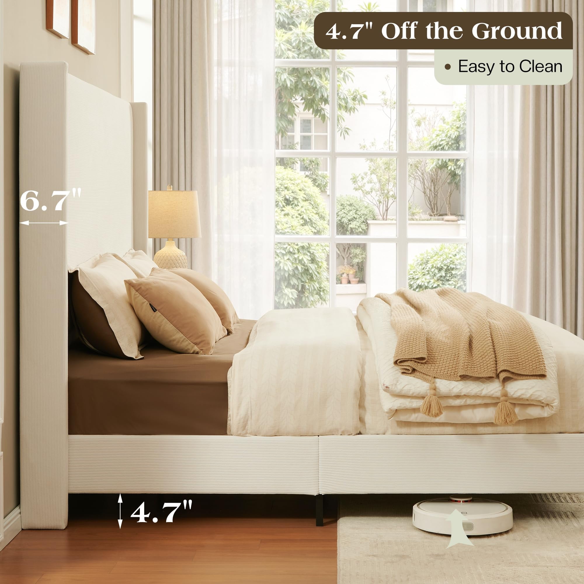 VanAcc Queen Bed Frame with 63" Tall Headboard, Horizontal Fine Corduroy Bed Frame with Upholstered Wingback, Vintage Solid Wood Gourd Legs, Cream