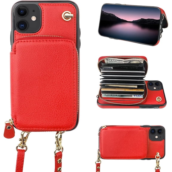 ANTHOUSE Crossbody Wallet Case for iPhone 11, RFID Blocking Leather Purse Case with Card Holder, Protective Handbag Flip Cover with Zipper Wrist Strap Lanyard for Women 6.1 Inch (Brown)