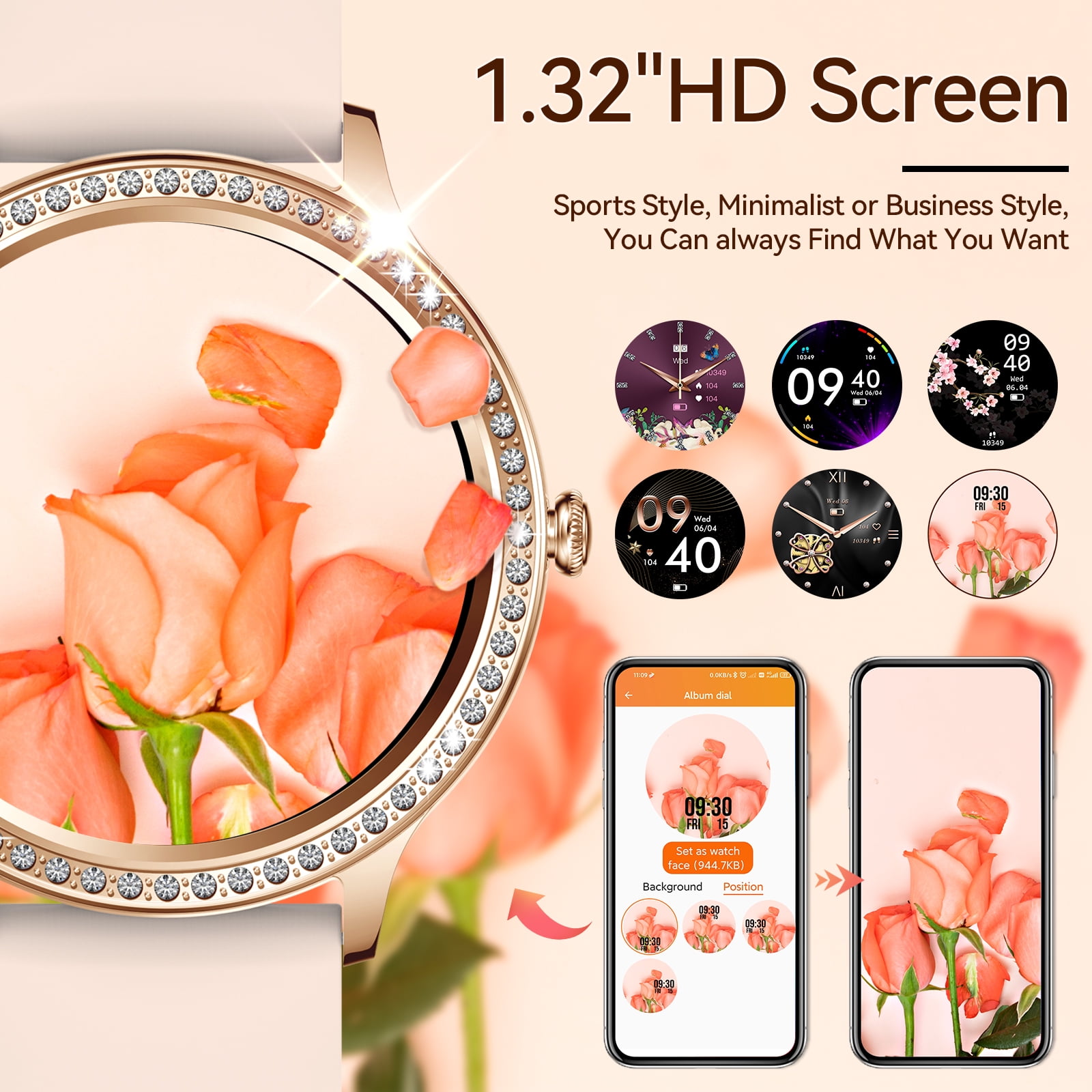 VOPOCO Smart Watch for Women Call Receive/Dial with 20 Sports Modes Waterproof Watch Smartwatch 1.32" HD Full Touch Screen for iPhone Android