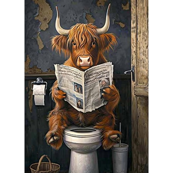 DIY 5D Diamond Art Toilet Highland Cow Read Newspaper Paint with Full Drill Round Diamond Gems Painting by Number Kits for Adults Art Craft Home Wall Decor 15.8x19.8in