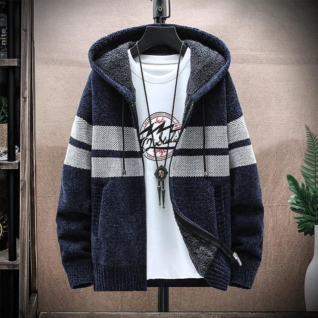 Qertyioot Men Casual Patchwork Long Sleeve Knitting Hooded Cardigan Zipper Sweater Jacket