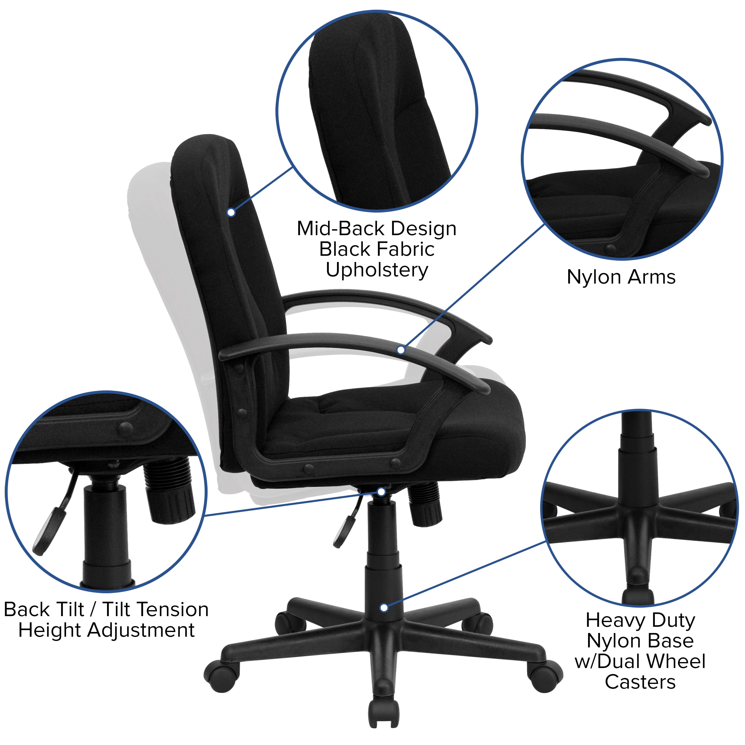 Emma + Oliver Mid-Back Black Fabric Executive Swivel Office Chair with Nylon Arms