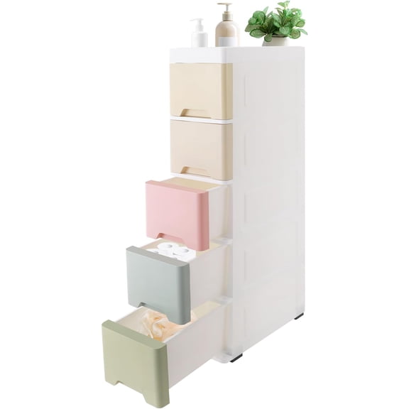 5-Tier Bathroom Storage Cabinet, Slim Plastic Space-Saving Narrow Floor Standing Storage Cabinet with Rollers & Drawers – for Cosmetics, Towels & Toiletries (Macaron)