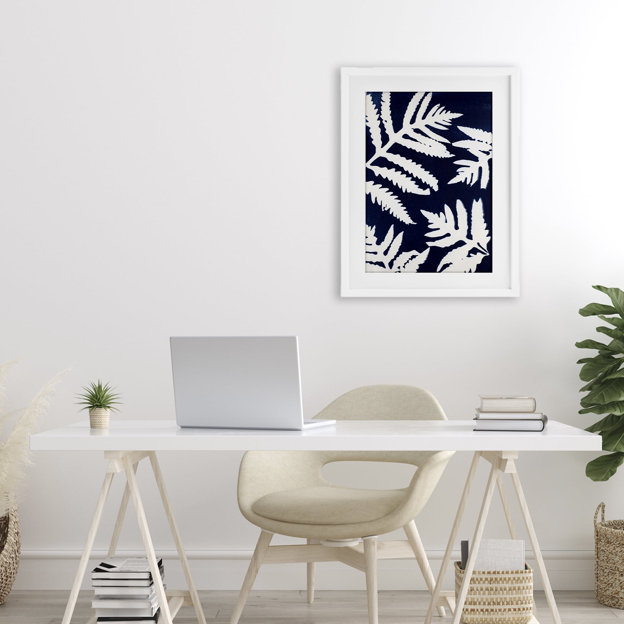 Stupell Industries White Ferns on Indigo White Framed Print Under Glass, design by Lynn Byrd