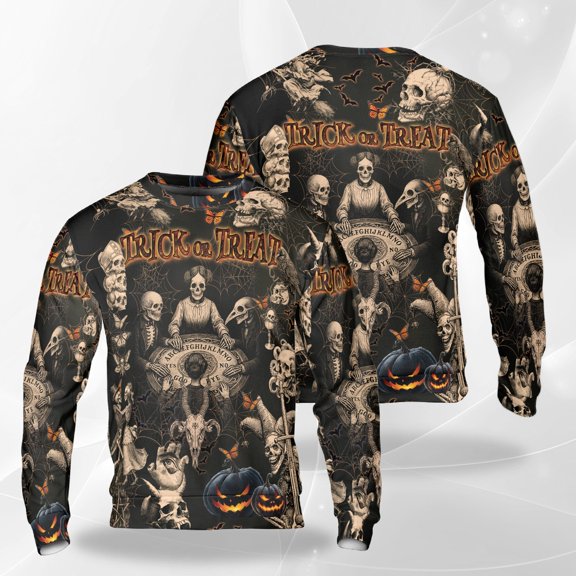 Trick or Treat Halloween 3D Sweatshirt, Gothic Skeleton Ouija Board Pullover, Spooky Pumpkin Horror Night Crewneck for Men Women