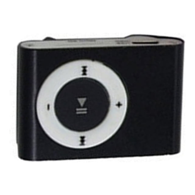 Reproductor MP3 deportivo sin pantalla con clip metálico, ideal para regalos personalizables con logo, color negro, versión sin accesorios.