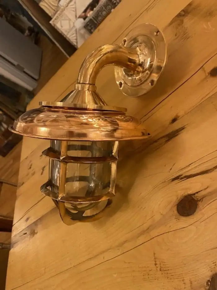 Solid Brass Nautical Sconce with Copper Shield & Glass Globe – 90 Degree Wall Fixture