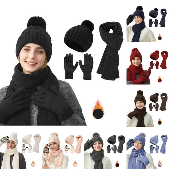 LIspipm Womens Long Scarf Gloves and Hat Set Warm Knit Beenie Hat with Pompom Long Scarf Touchscreen Gloves for Cold Weather Blue