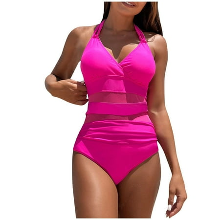 Arnsht Women s Tummy Control Swimsuits Mesh Solid Color Fashion Solid Color One Piece Bathing Suits Slimming V Neck Swimwear Hot Pink S