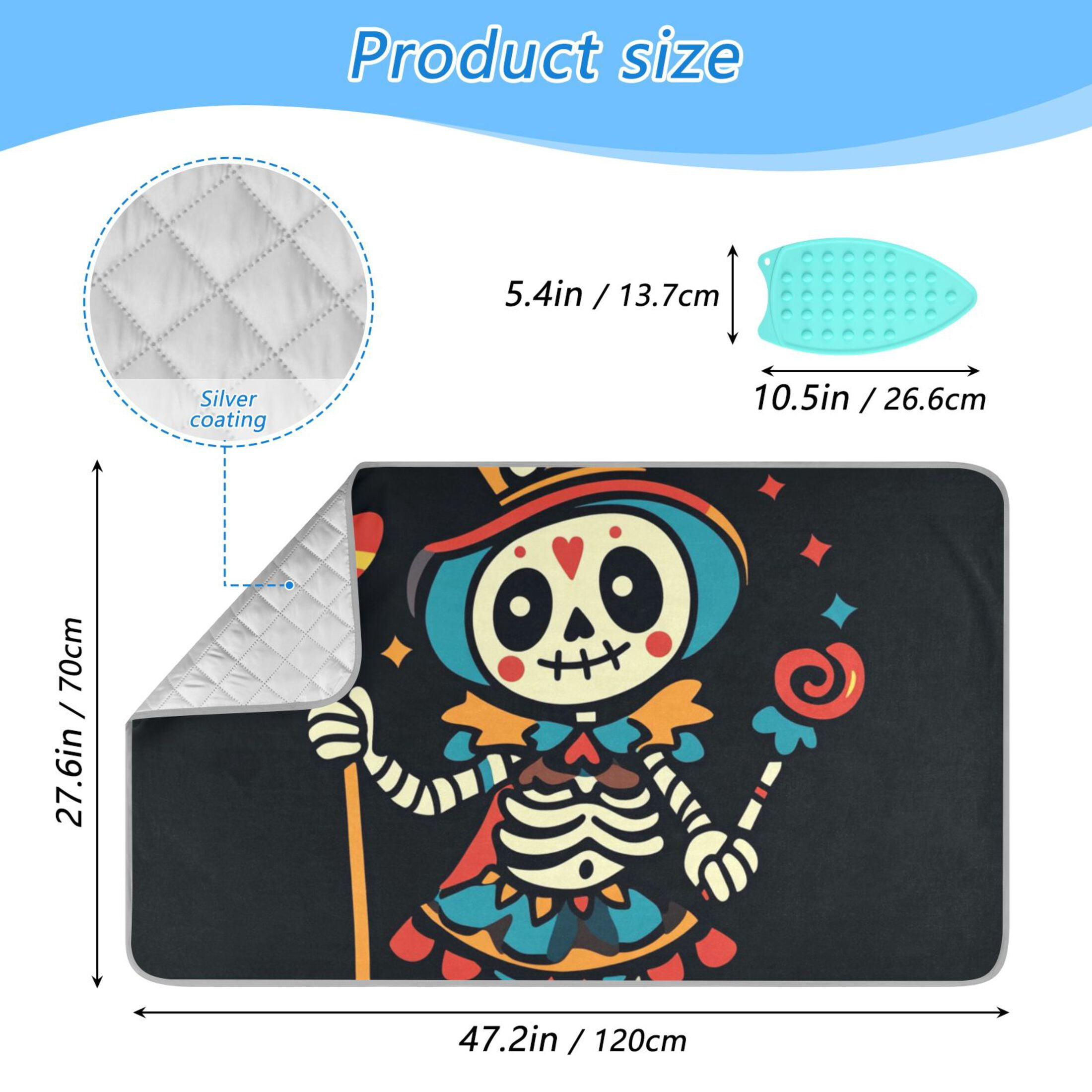 Cute Clown Skeleton Mardi-gras Halloween Ironing Mat Blanket Portable Travel Ironing Pad Heat Resistant Pad 47.2" x 27.6”