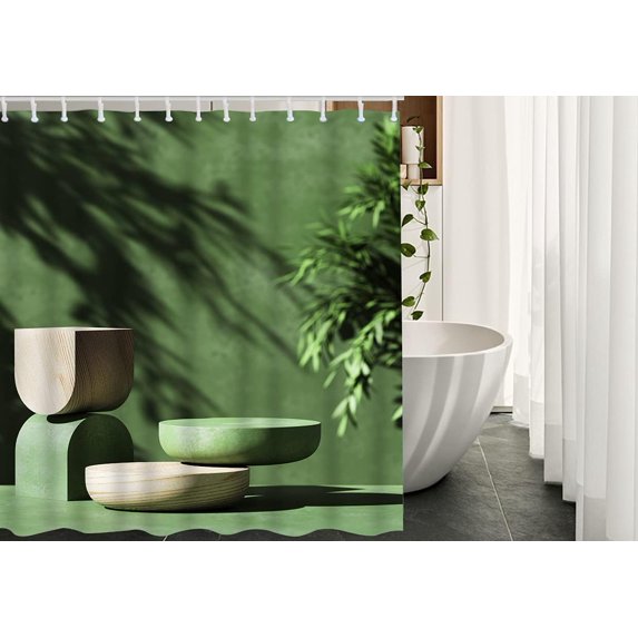 JOOCAR 3D Wooden Podium Display Fabric Shower Curtain with Hooks Leaf Shadow Luxury Modern Green Style Bath Shower Curtain Polyester 72x72 Inch for Bathrooms Bathtubs Camping