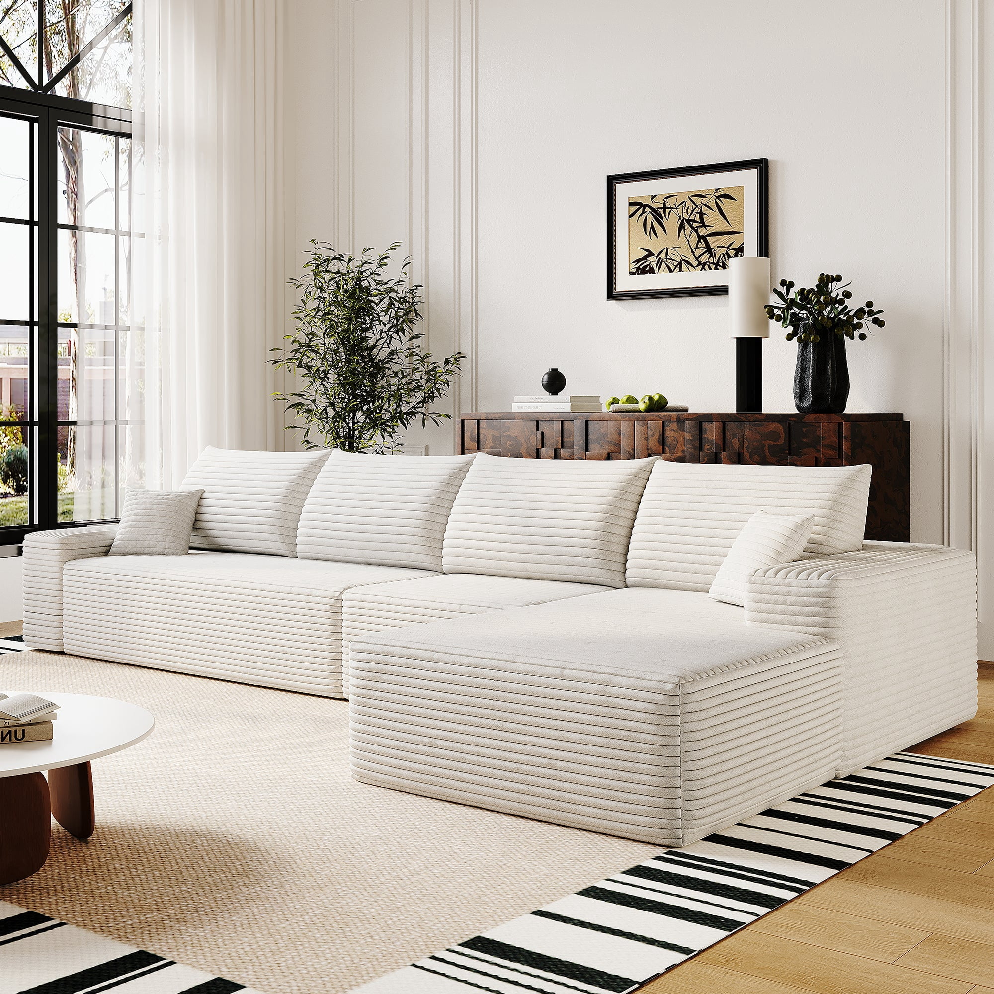 Sailvan 135" Cloud Sectional Couch, Cloudy Sofa with L-Shape Chaise, Upholstered Couches for Living Room & Bedroom, No Assembly Required, Plush Corduroy Fabric, Beige
