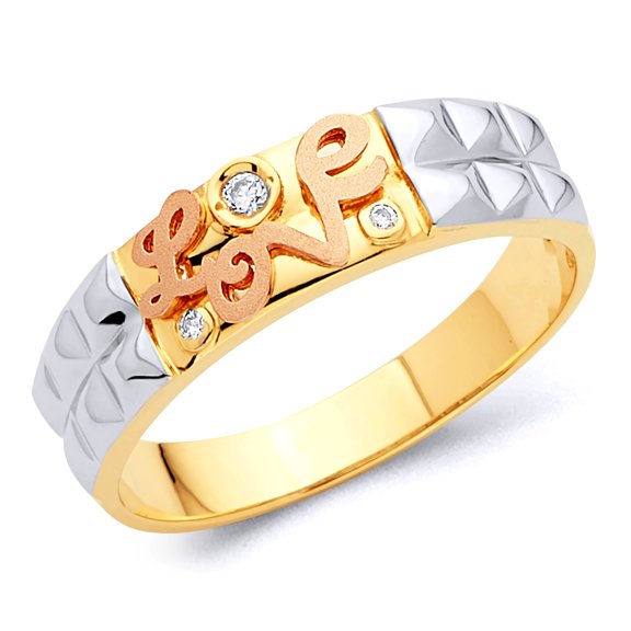 Wellingsale Men's Solid 14k Tri 3 Color Gold Polished CZ Cubic Zirconia "Love" Wedding Band - Size 8