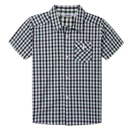 Bienzoe Boy s Cotton Plaid Button Down Short Sleeve Shirt Green/Black 3/4