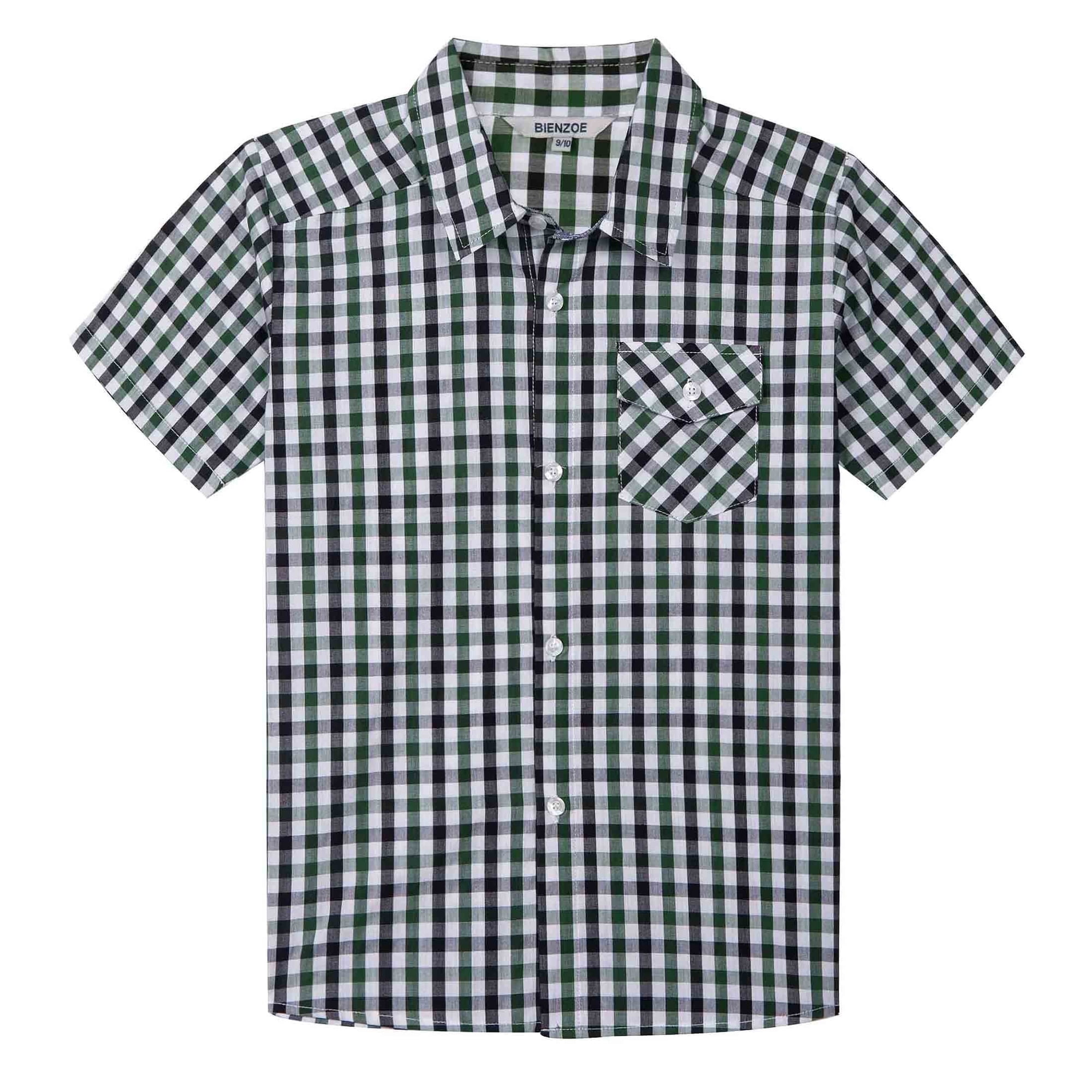 Bienzoe Boy s Cotton Plaid Button Down Short Sleeve Shirt Green/Black 3/4