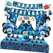 SKYSONIC Gaming Birthday Party Decorations for Boys, Complete Set Includes Video-Themed Backdrop, Birthday Banner, Table Cover, Balloons, Hanging Decorations, and Cake Toppers