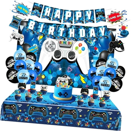SKYSONIC Gaming Birthday Party Decorations for Boys, Complete Set Includes Video-Themed Backdrop, Birthday Banner, Table Cover, Balloons, Hanging Decorations, and Cake Toppers